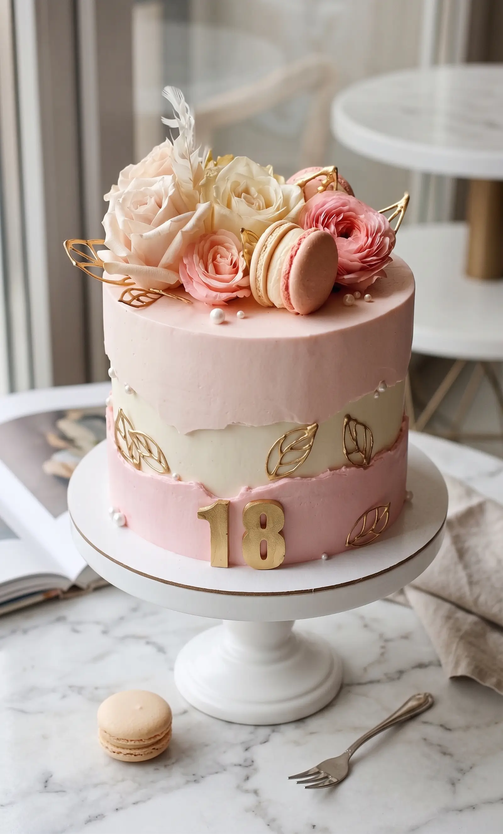 Pink and cream eighteenth birthday cake decorated with roses, macarons, gold leaves and pearl details